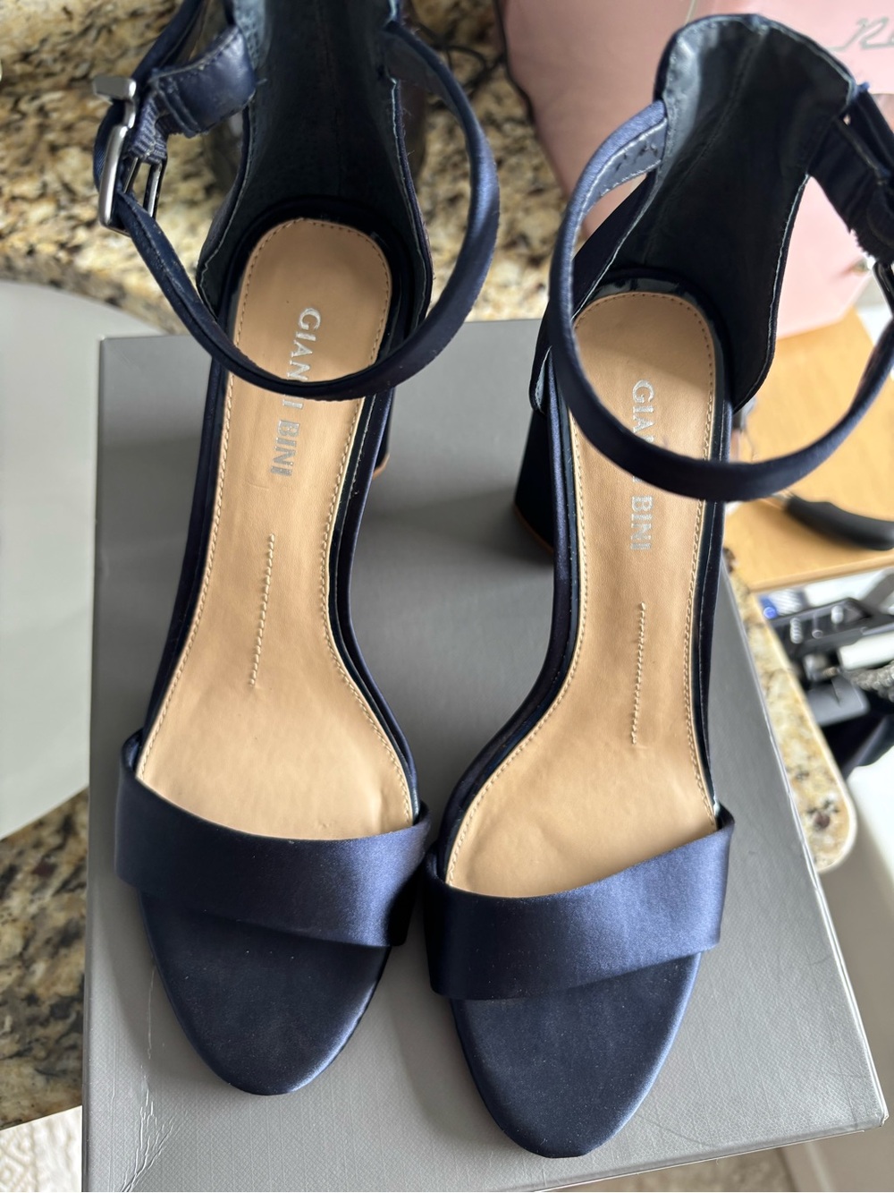 Gianni Bini Navy Satin Ankle-Strap Block Heels